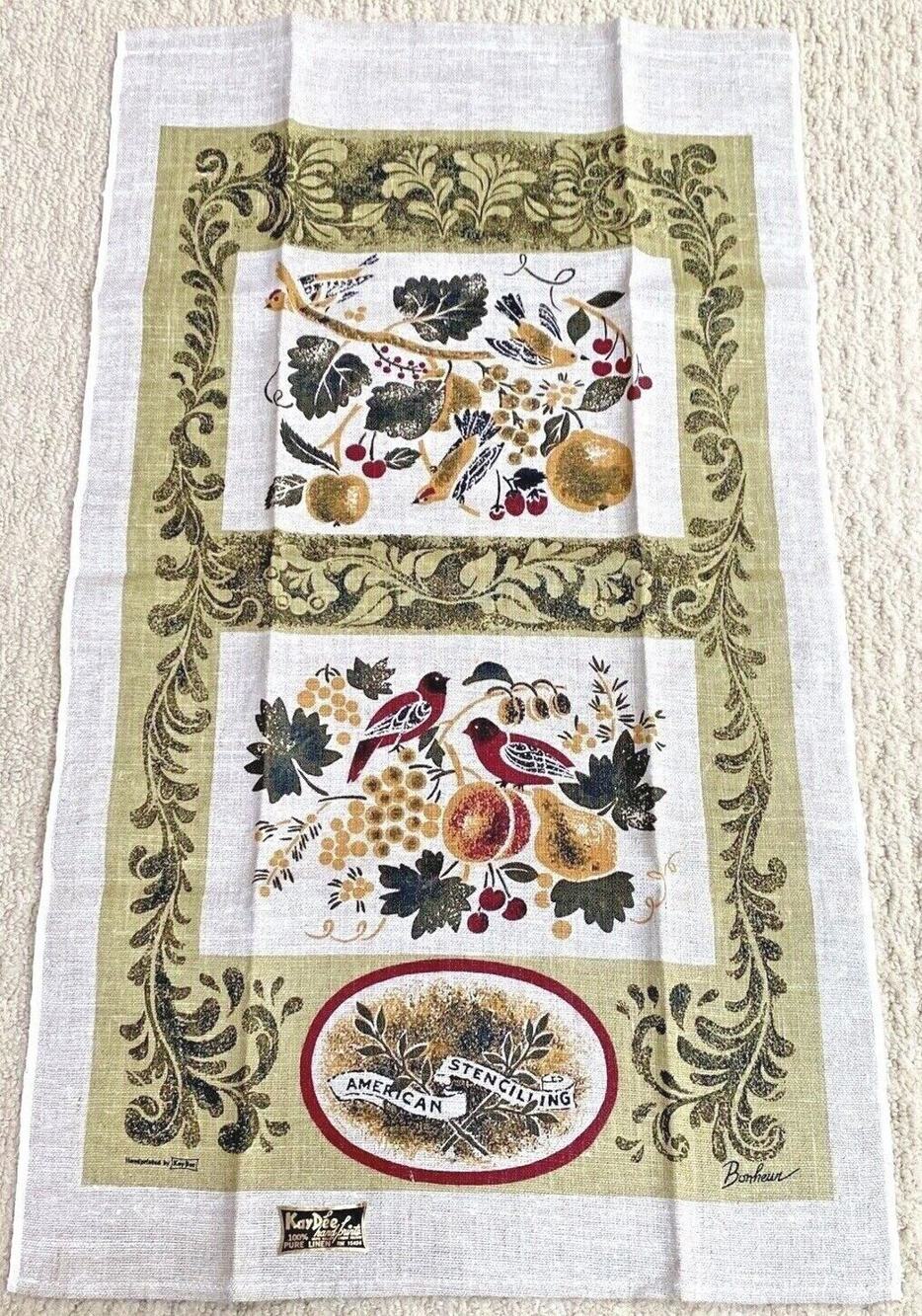 NWT Kaydee Bonheur linen kitchen tea towel "American Stencilling" pattern NEW